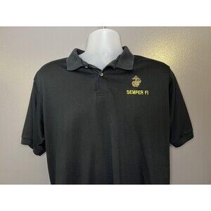Vintage USMC Semper Fi Hanes Polo Shirt Mens XL Black Made In USA Embroidered